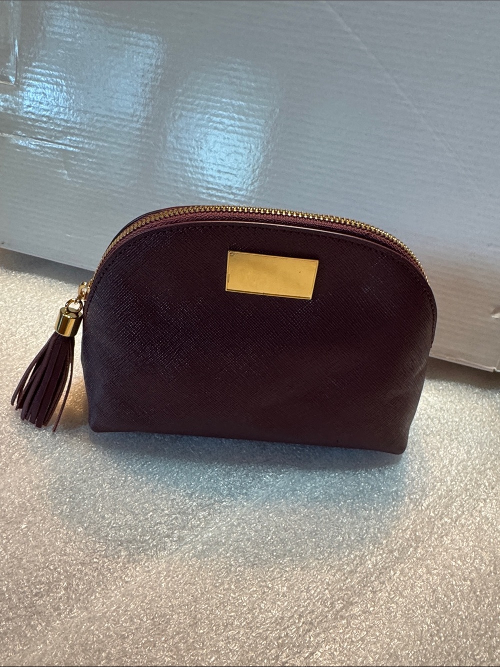 New Leather Burgundy Tassel Cosmetic Pouch with Gold Plate